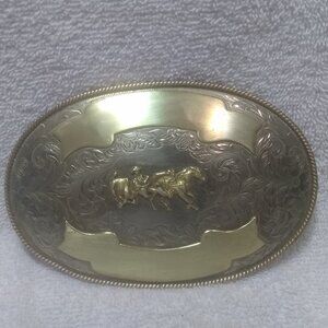 Montana Silversmiths Huge Buckle Calf Roping Dual Gold Banners German Silver VTG